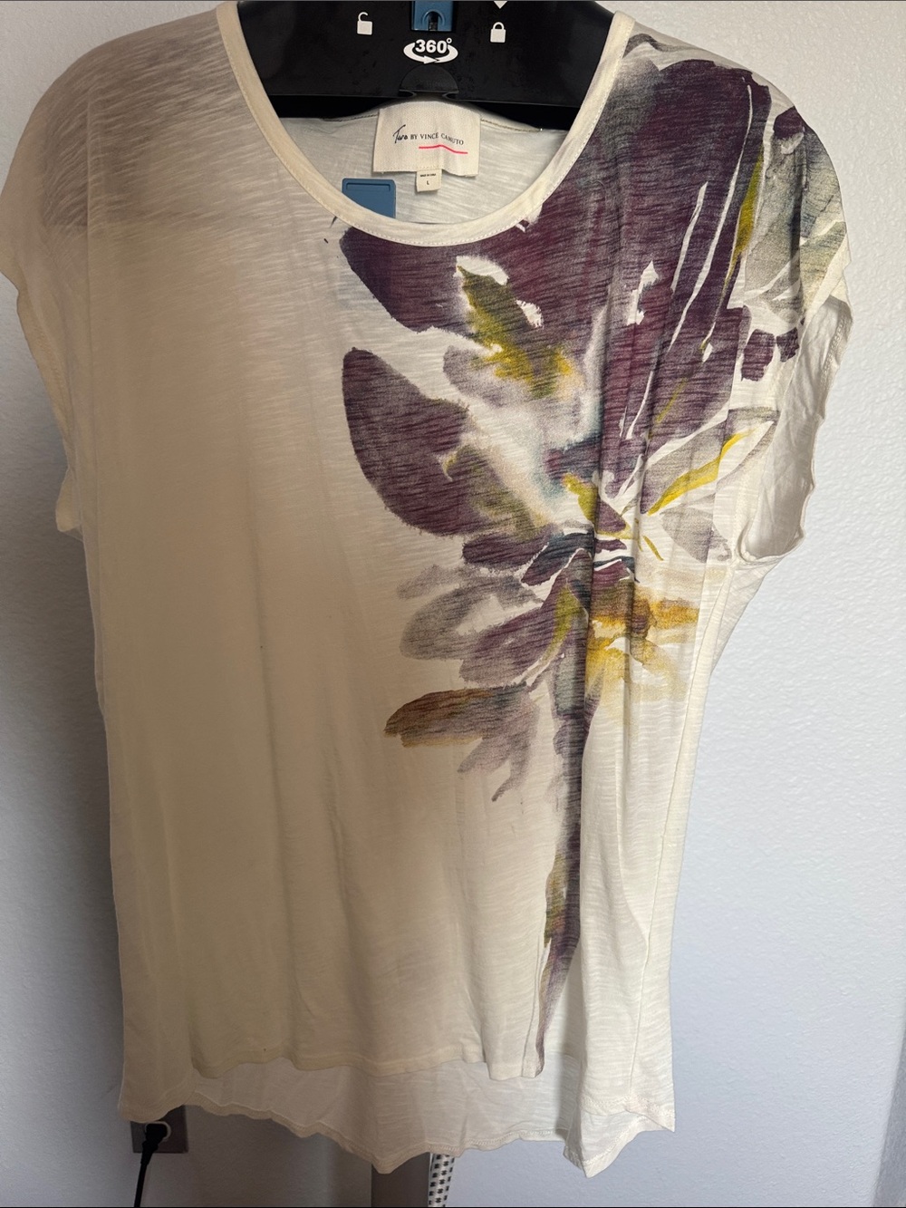Vince Camuto Cream Short Sleeve Tee with Purple and Yellow Floral Print